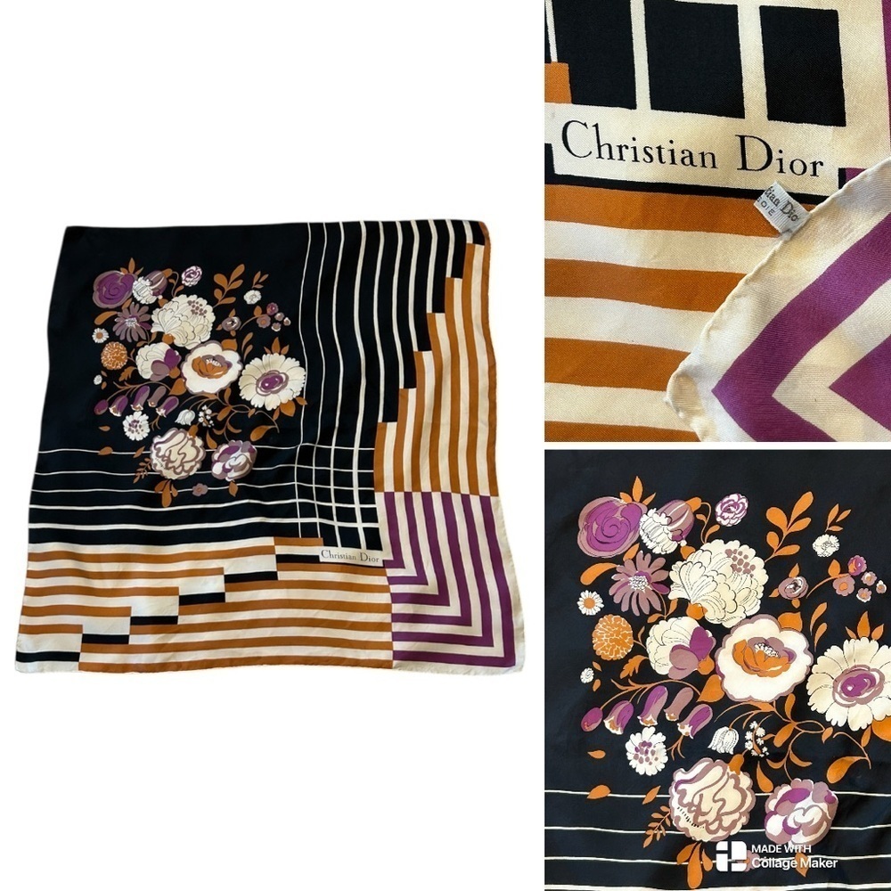 Dior Black and Gold Silk Floral Scarf 30x30